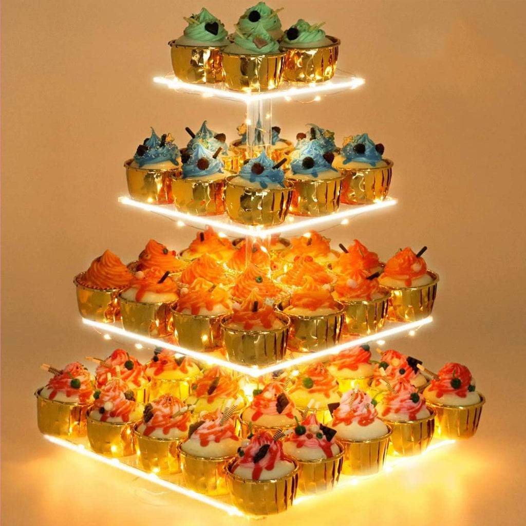 Cupcake Stand with Yellow LED Lights, 4 Tier Cupcake Stand for 50 Cupcakes, Acrylic Cupcake Tower Stand, Clear Tiered