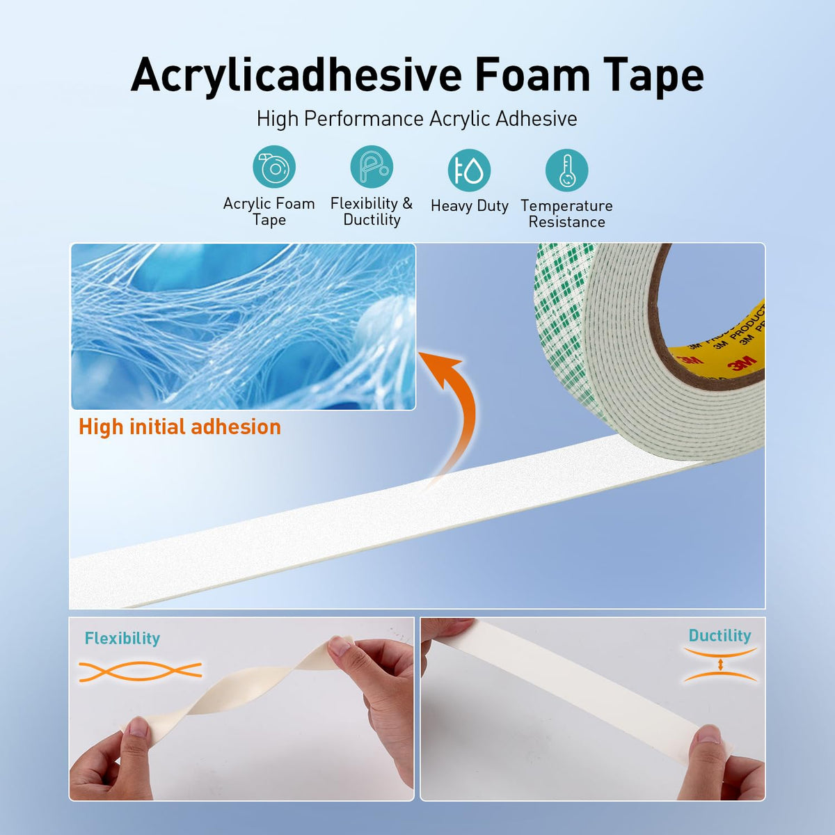 3M Double Sided Tape, 1" x 18Ft Foam Tape, 4032, Off White