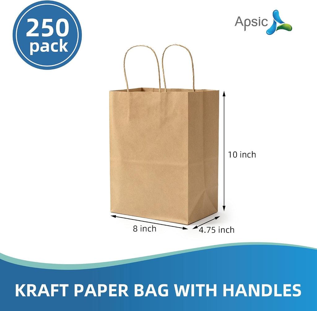Brown Paper Bags with Handles, 250 Pack 8x4.75x10 Inch Shopping Gift Bags