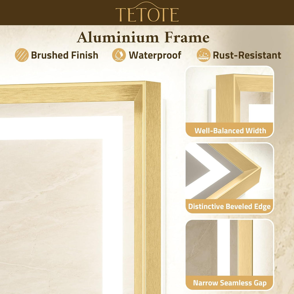 24 x 36 Bathroom LED Mirror Brushed Gold Metal Frame Frontlit & Backlit Vanity Mirror Anti-Fog Stepless Dimmable 3