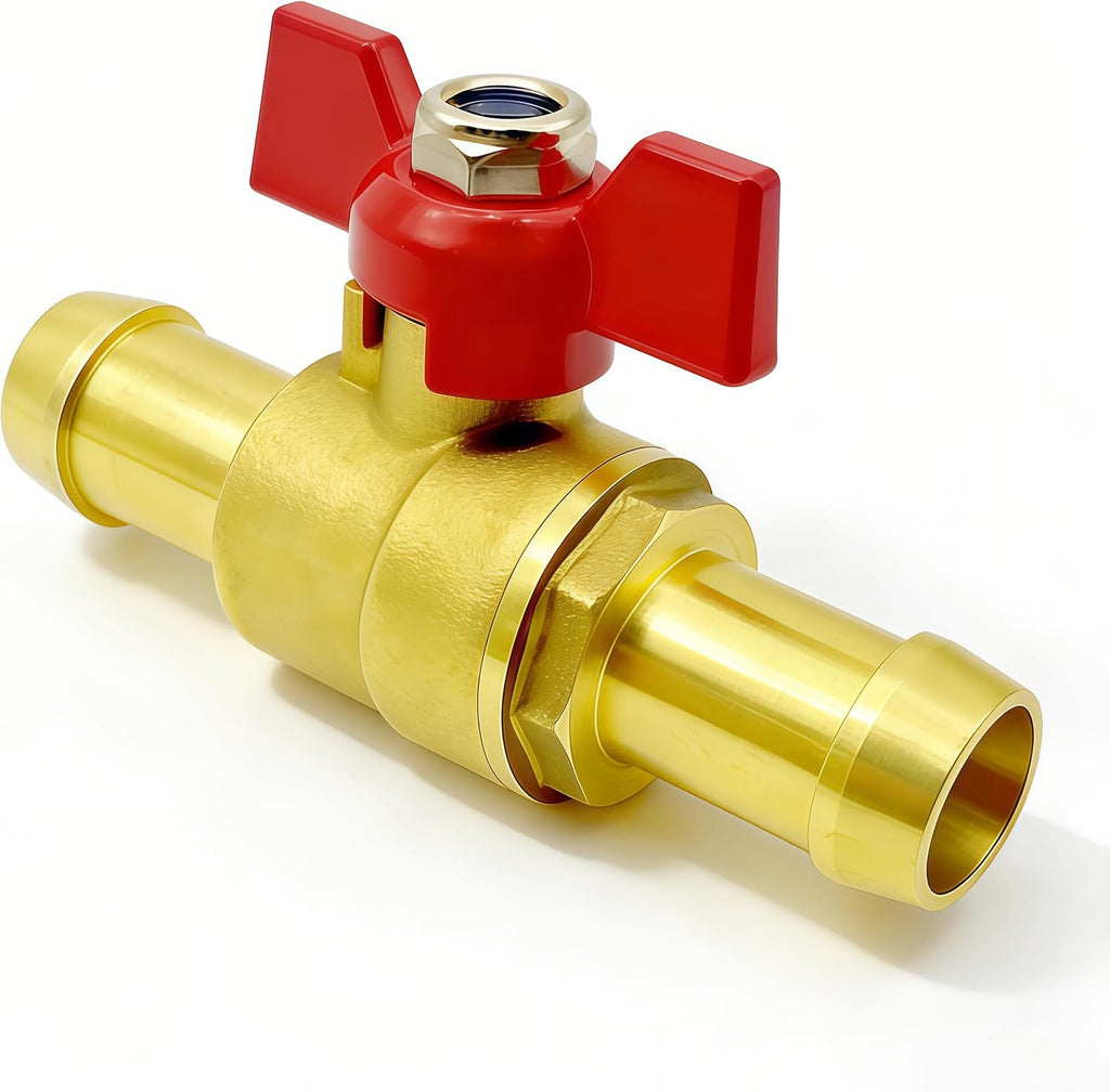 1PCS Brass Shut Off Valve 3/4" Inch, Red Butterfly Handle for Hot and Cold Water with 2 Hose Clamps