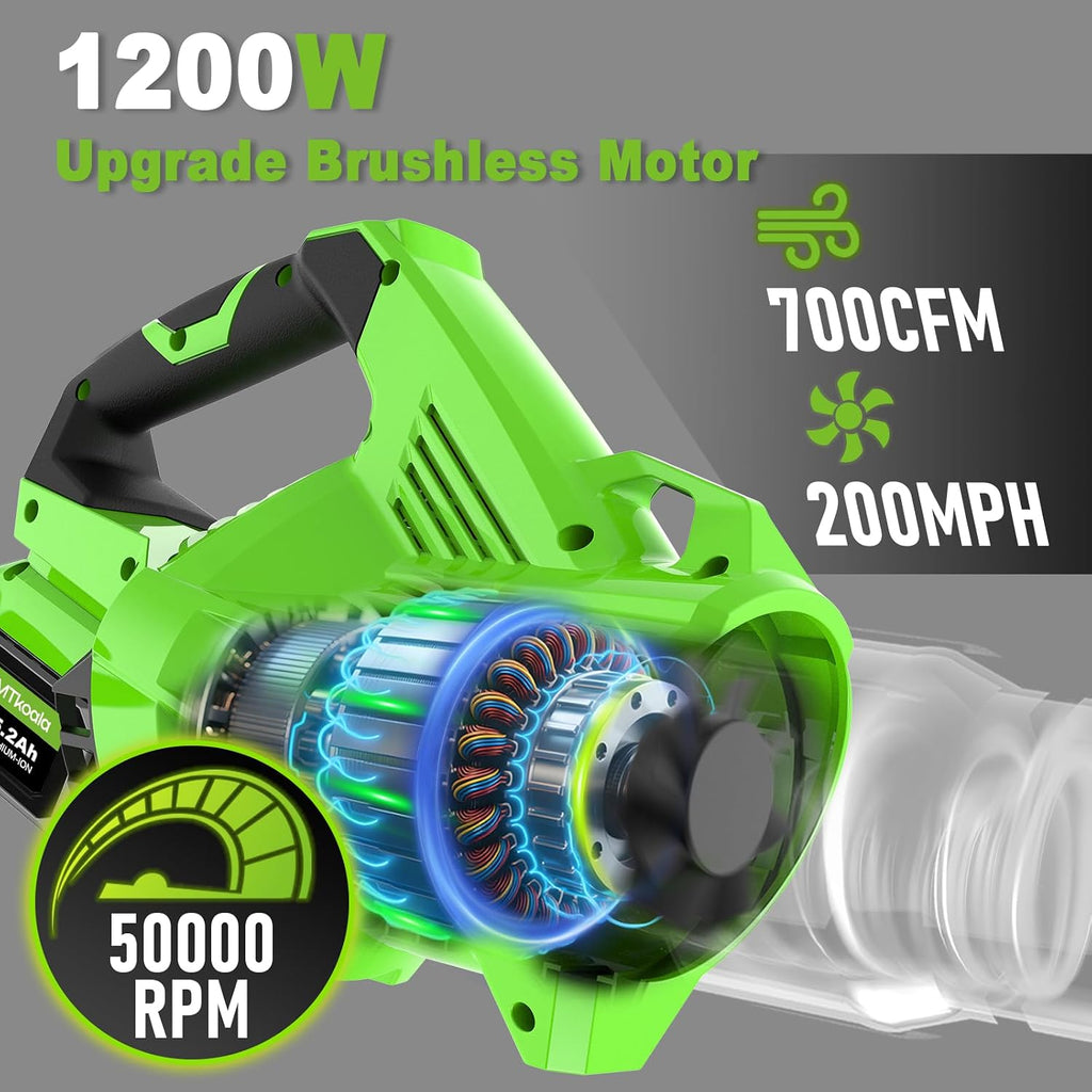 Leaf Blower Cordless, New Upgraded 1200W Brushless Motor Leaf Blower, 700CFM 200MPH with 3 Speed Modes, 160Mins Max