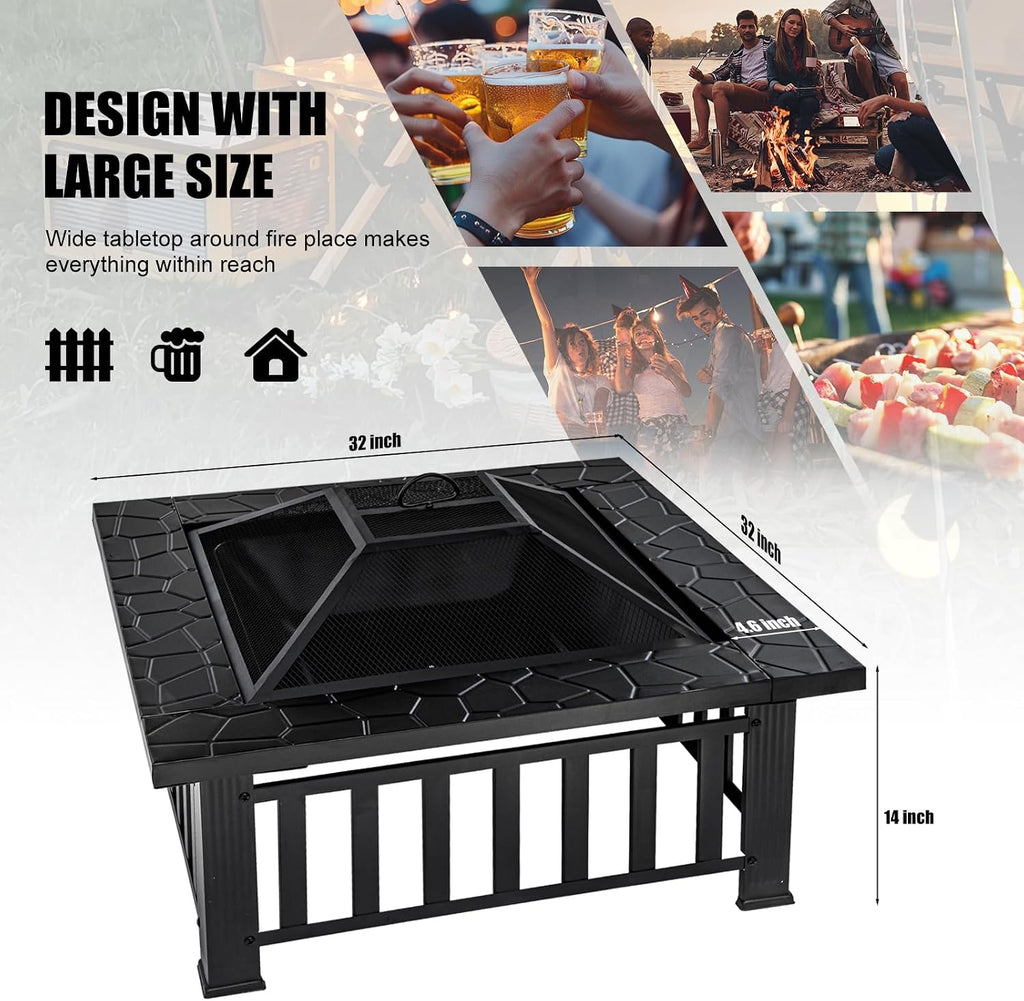 Fire Pit Table 32 Inch Square Metal Stove for Patio, Backyard