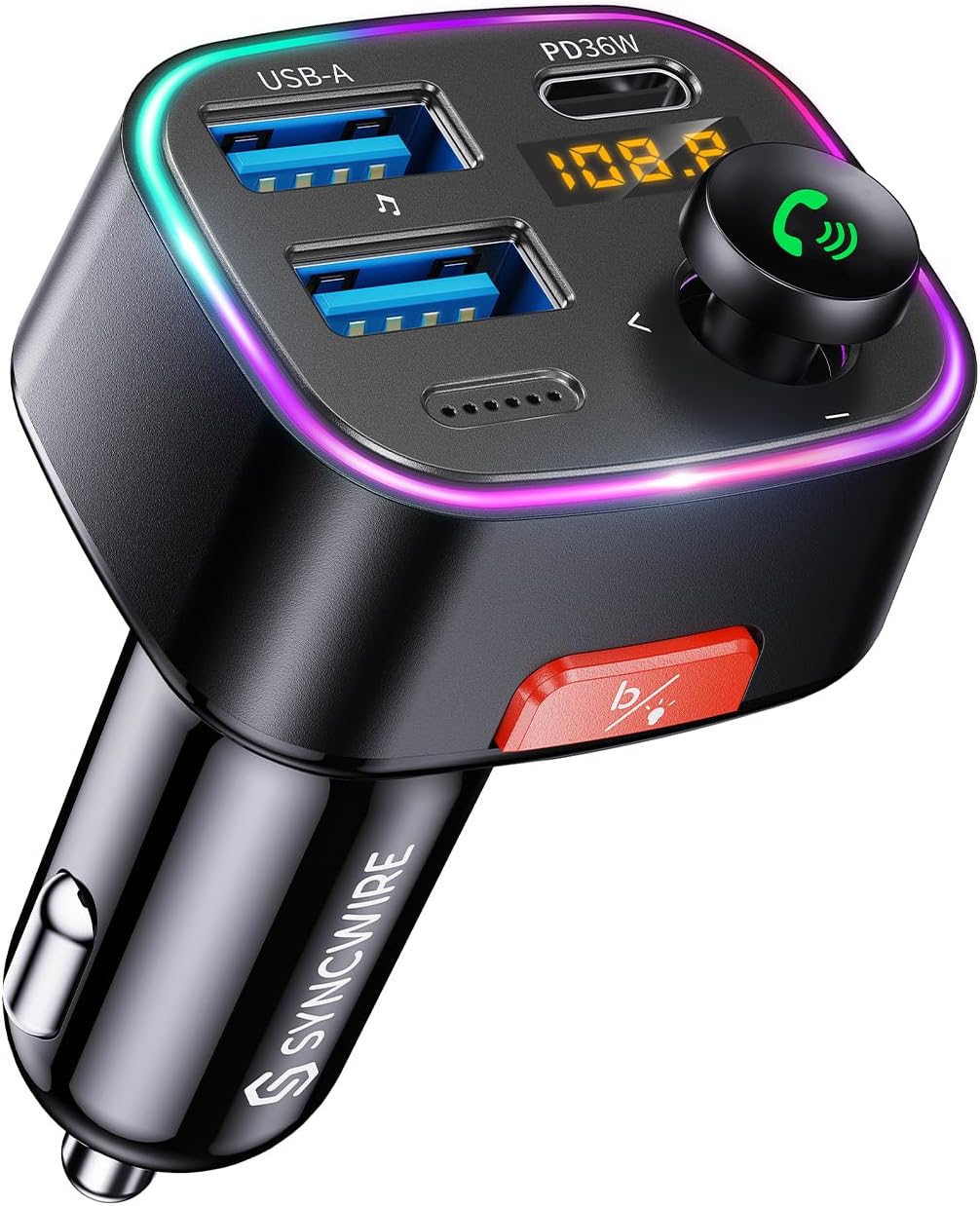 Bluetooth 5.4 Car Adapter 48W FM Transmitter for Hands Free Calls | Light Switch, Fast Charge (PD 36W & 12W), HiFi