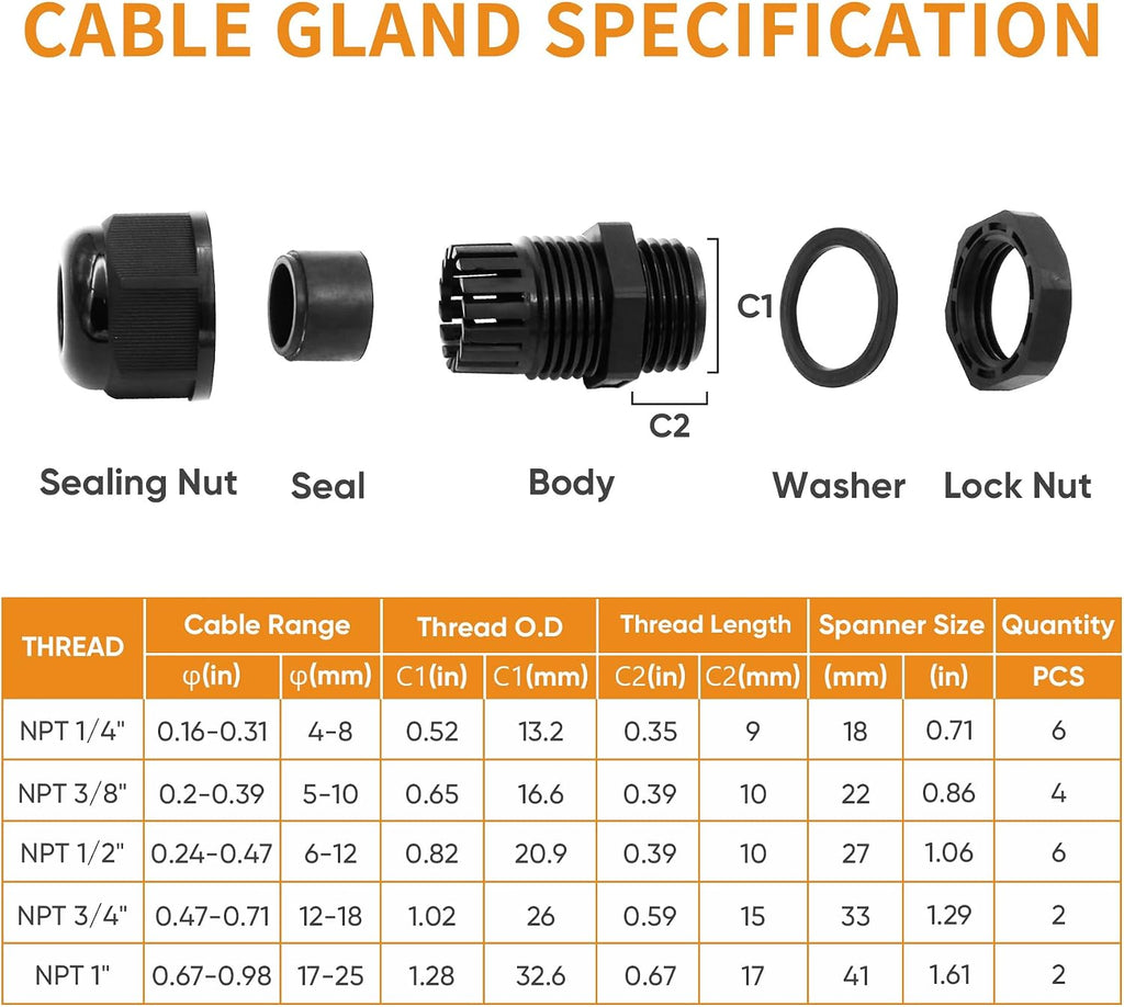 Cable Gland Waterproof, 20Pcs Nylon NPT Cable Gland Kit, Black