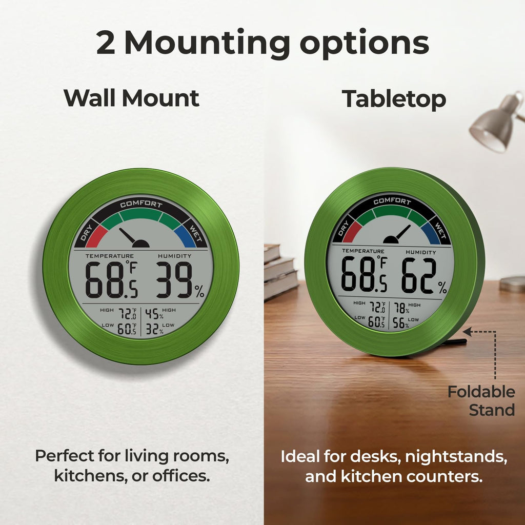 Digital Hygrometer Indoor Thermometer, Brushed Metal Frame, Green