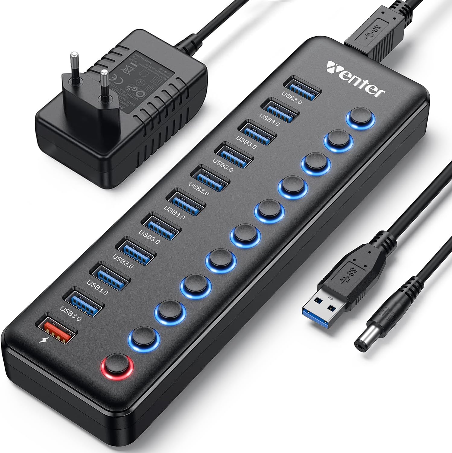Powered USB Hub, Wenter 11-Port USB Splitter Hub (10 Faster Data Transfer Ports+ 1 Smart Charging Port) with