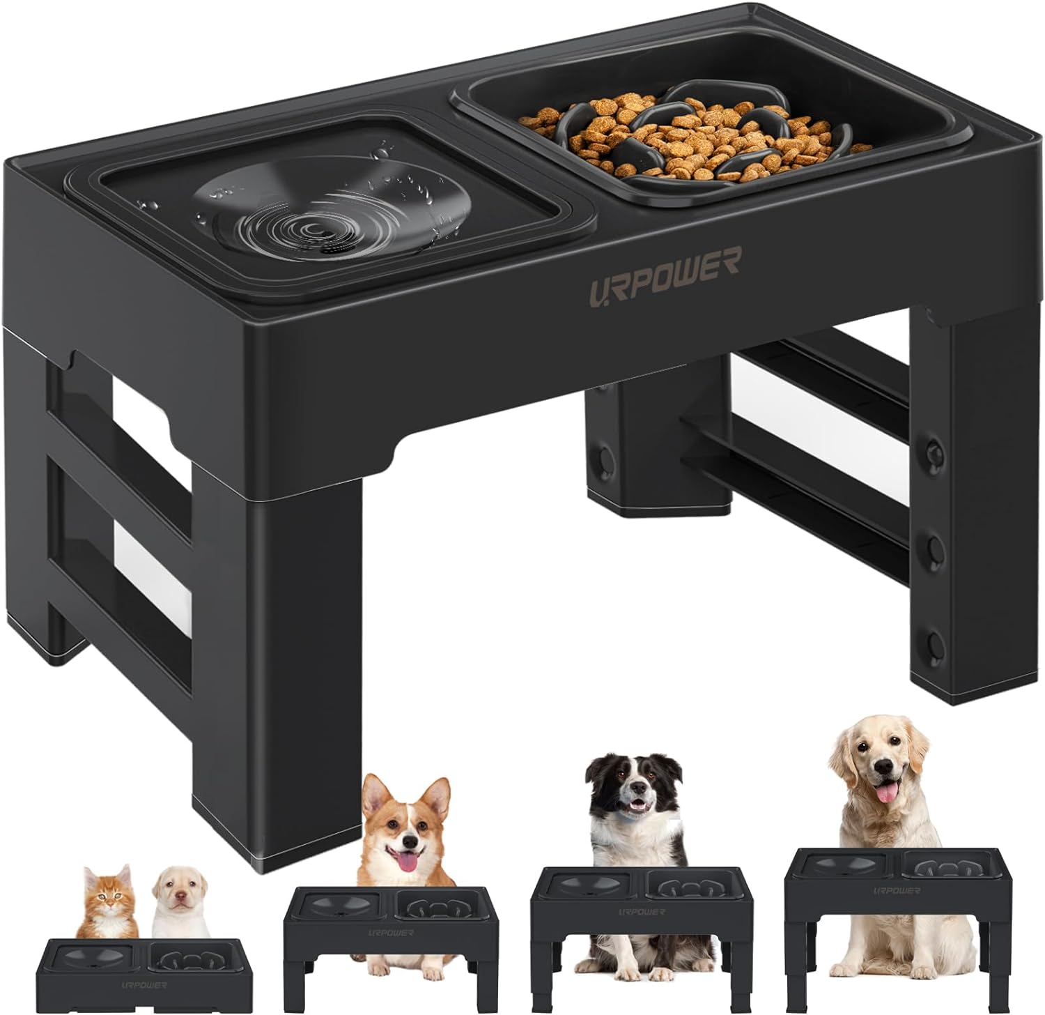 2-in-1 Elevated Slow Feeder Dog Bowls with No-Spill Water Bowl, 4 Height-Adjustable Raised Dog Bowls, Non-Slip Food
