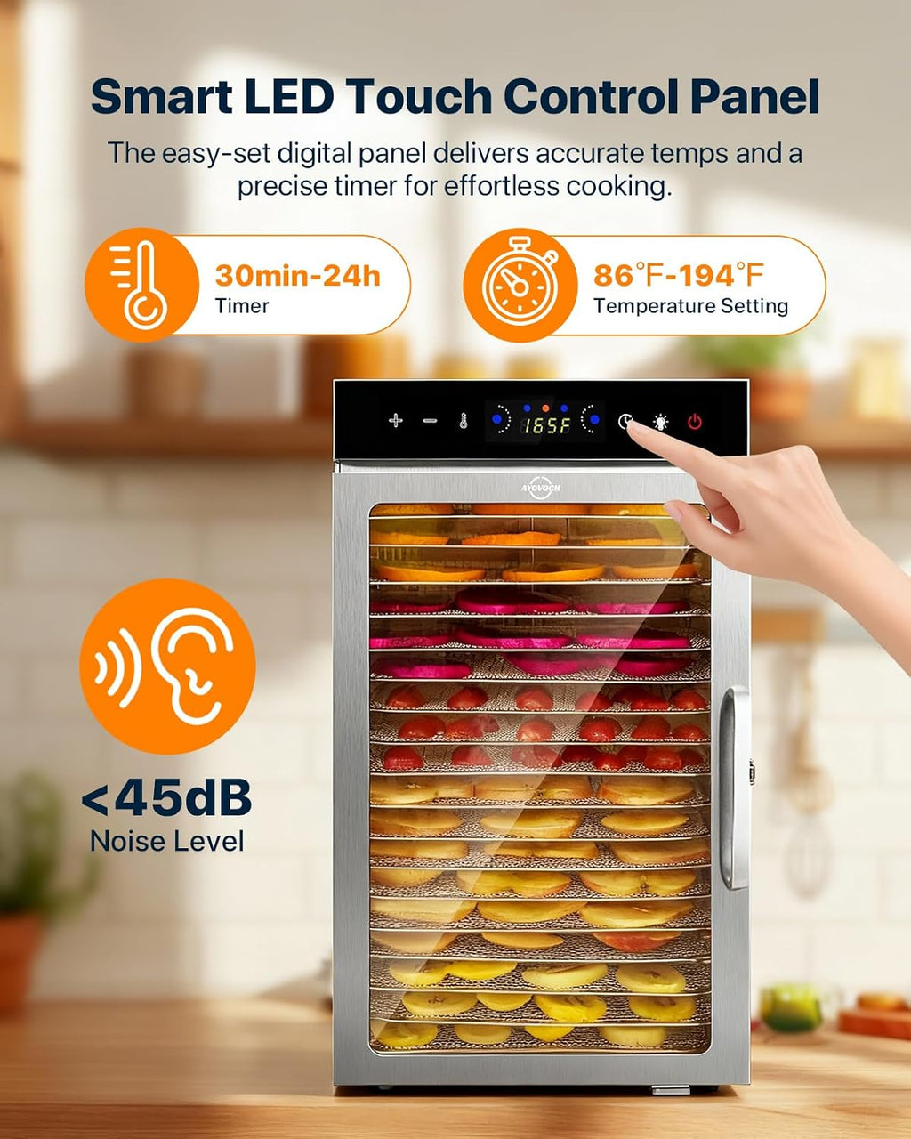 Food Dehydrator Machine 18Tray, 800W Dual Fan Fast Drying, 24H Timer, 86-194℉ Control, Noise Below 45dB, LED Panel