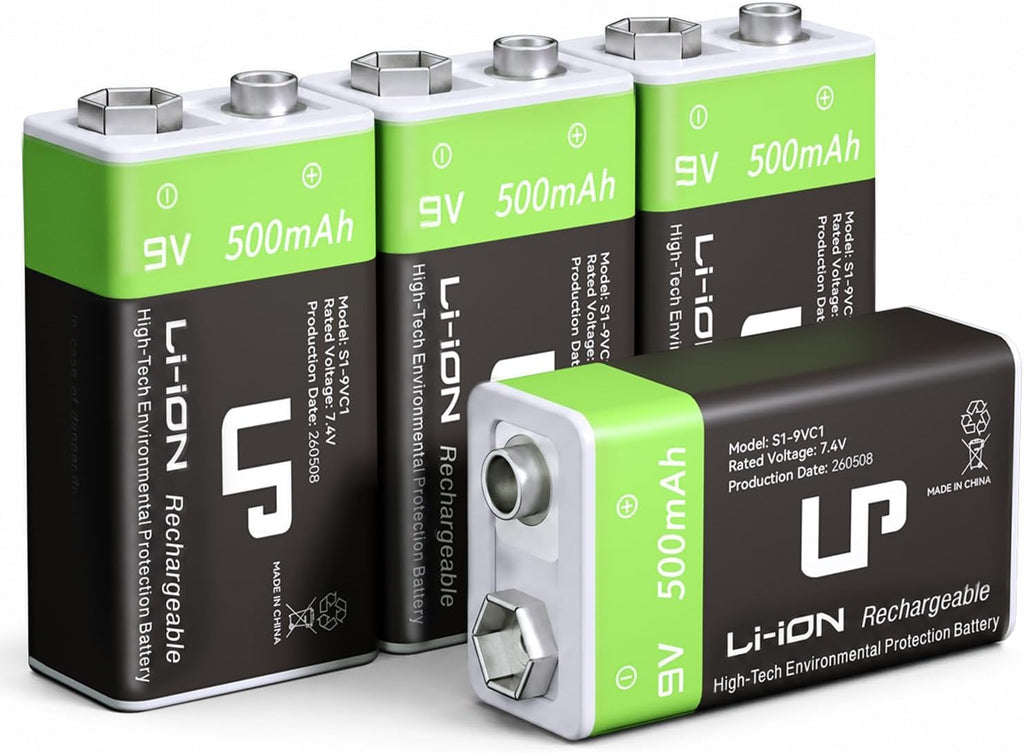 9V Rechargeable Battery Pack 4-Pack 500mAh Li-ion 9 Volt | Battery for Alarms, Wireless Microphones, Smoke Detectors