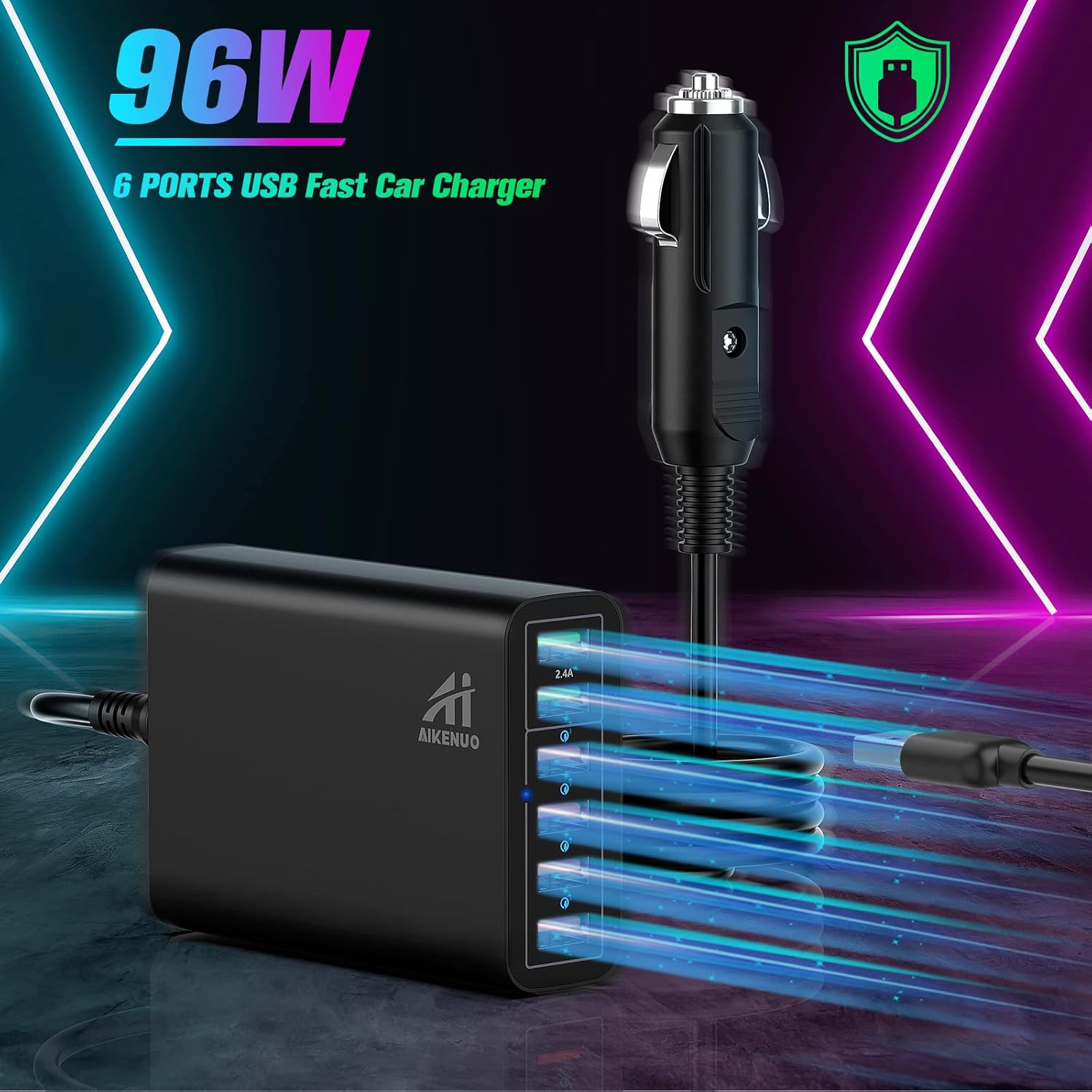 Multi Ports USB Car Charger, 96W 6 Port QC3.0 Fast Adapter Multiple Ports, with Four Quick Charge 3.0 Port, 12V-24V