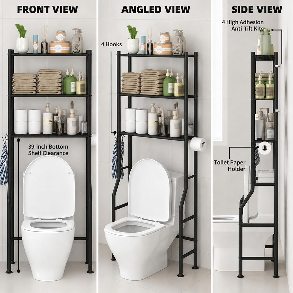 3-Tier Over Toilet Storage, Anti-Tilt, 64" H, Black | Anti-Tilt Safety System, 150lb Capacity, Carbon Steel