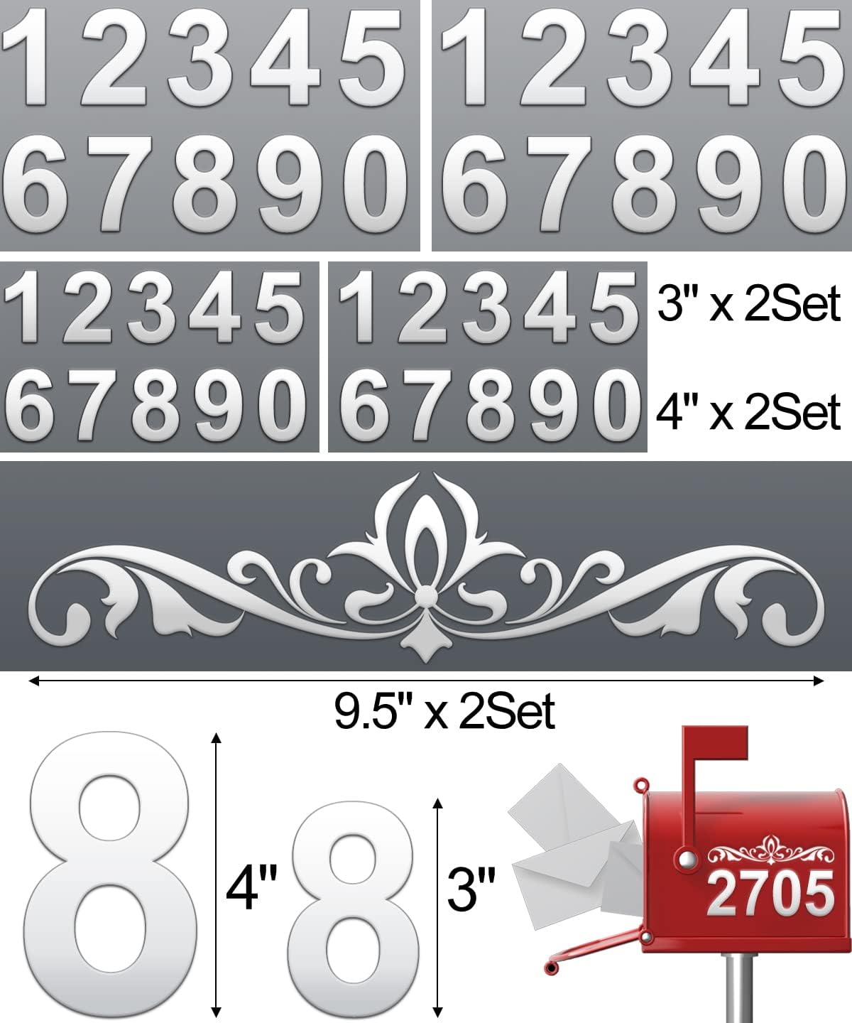 Mailbox Numbers, Reflective Mailbox Numbers for Outside (6 Sets), Waterproof House Numbers for Mailbox, White Number