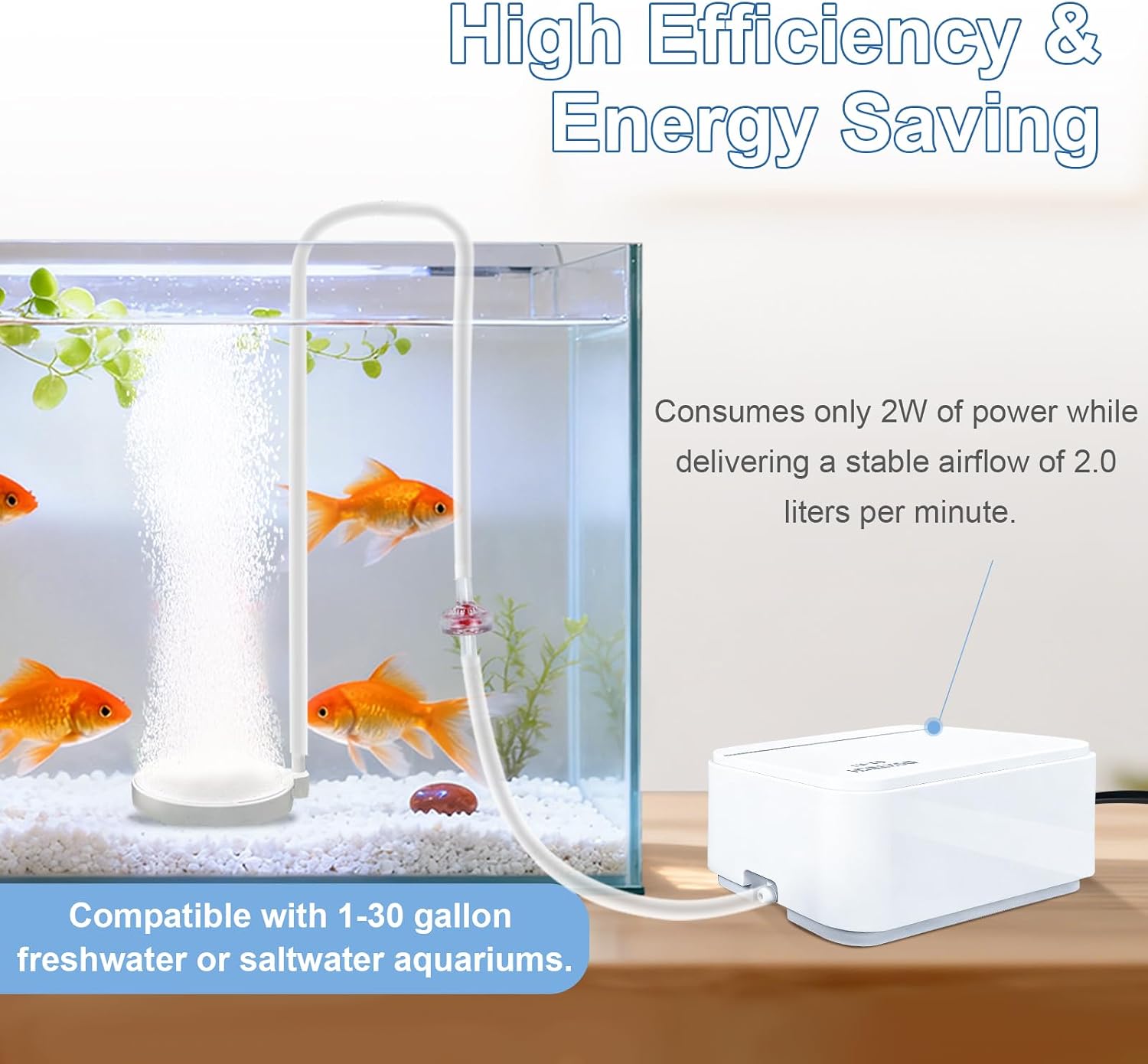 Fish Tank Air Pump, Ultra-Quiet Aerator 2W | Complete quiet aerator kit includes air stone, check valve, control