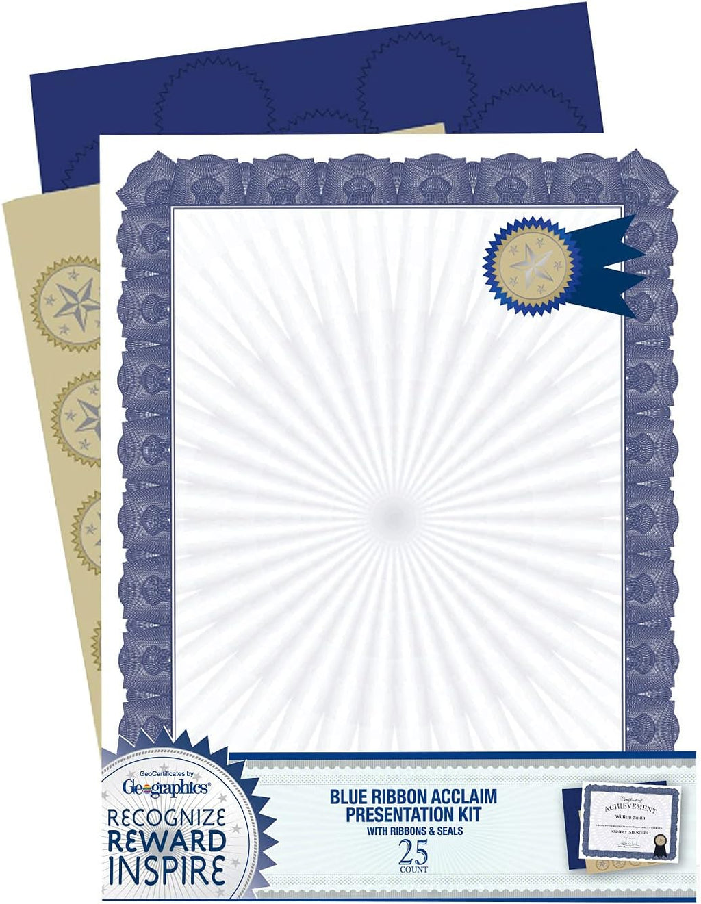 Award Certificate Kit, 8.5 x 11" Blank Certificate Paper, Gold Foil Seals & Blue Ribbon Stickers (Pack of 25)