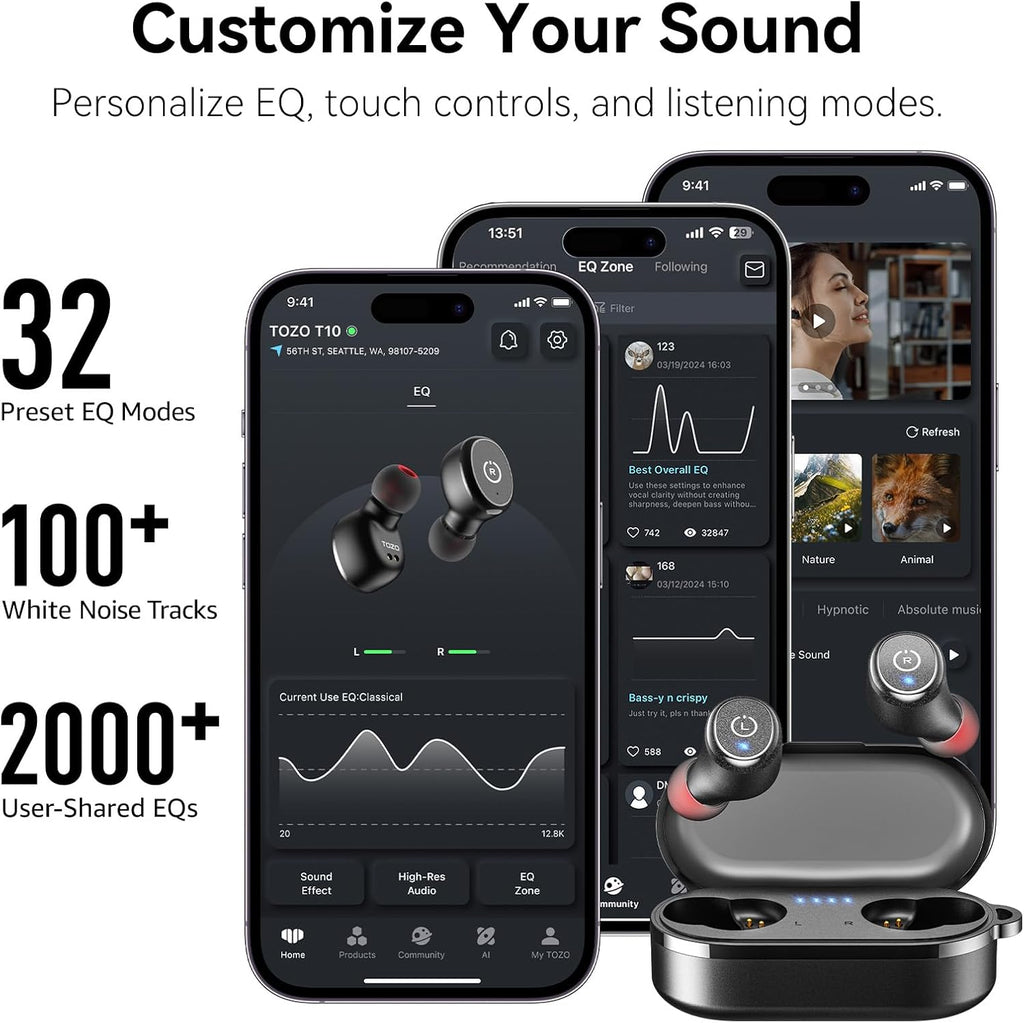 T10 Wireless Earbuds Bluetooth 5.3 Headphones, App Customize EQ, Ergonomic Design, 55H Playtime, Wireless Charging