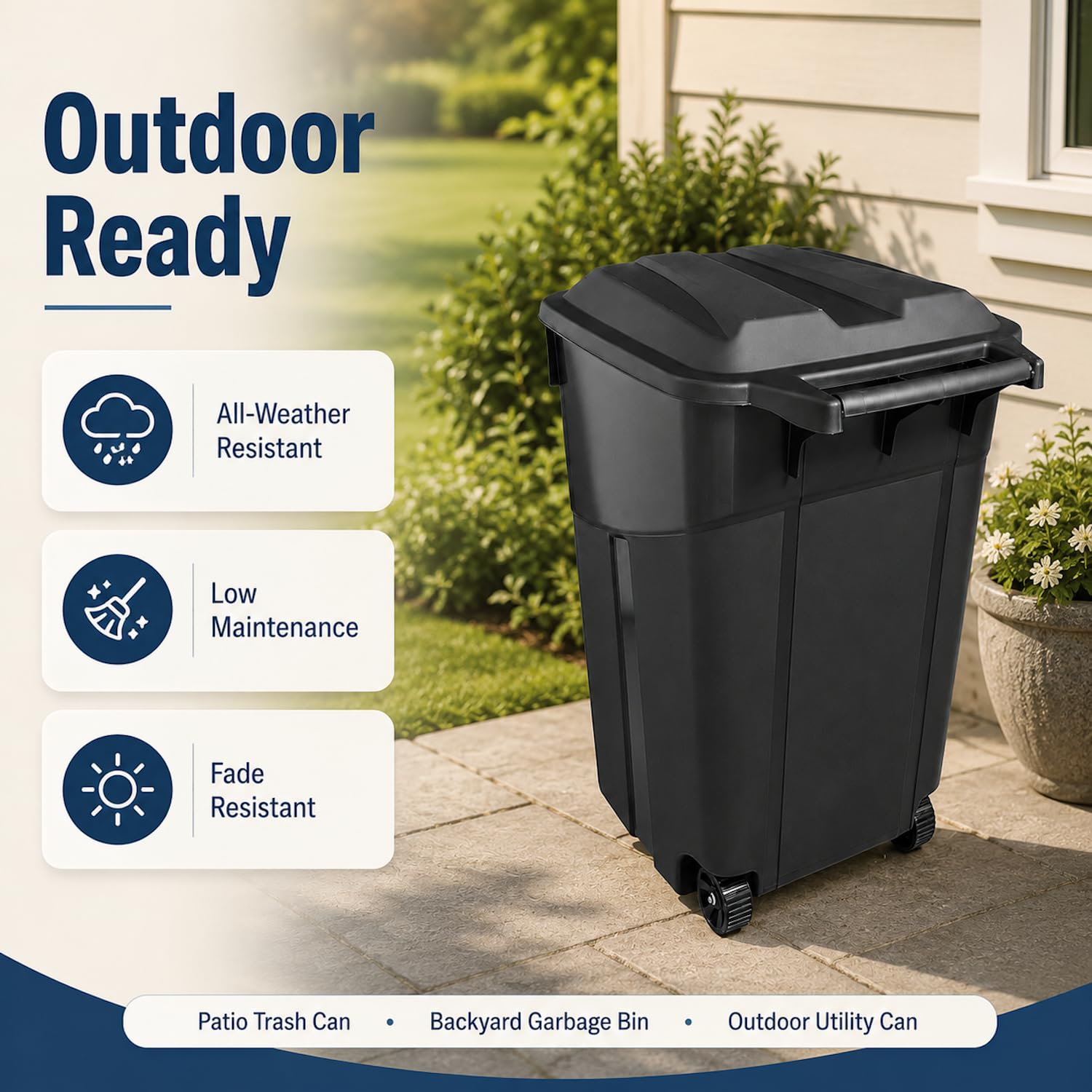 32 Gallon Wheeled Outdoor Trash Can with Secure Lid, Rolling Garbage Bin | 32-45 gallon capacity, durable