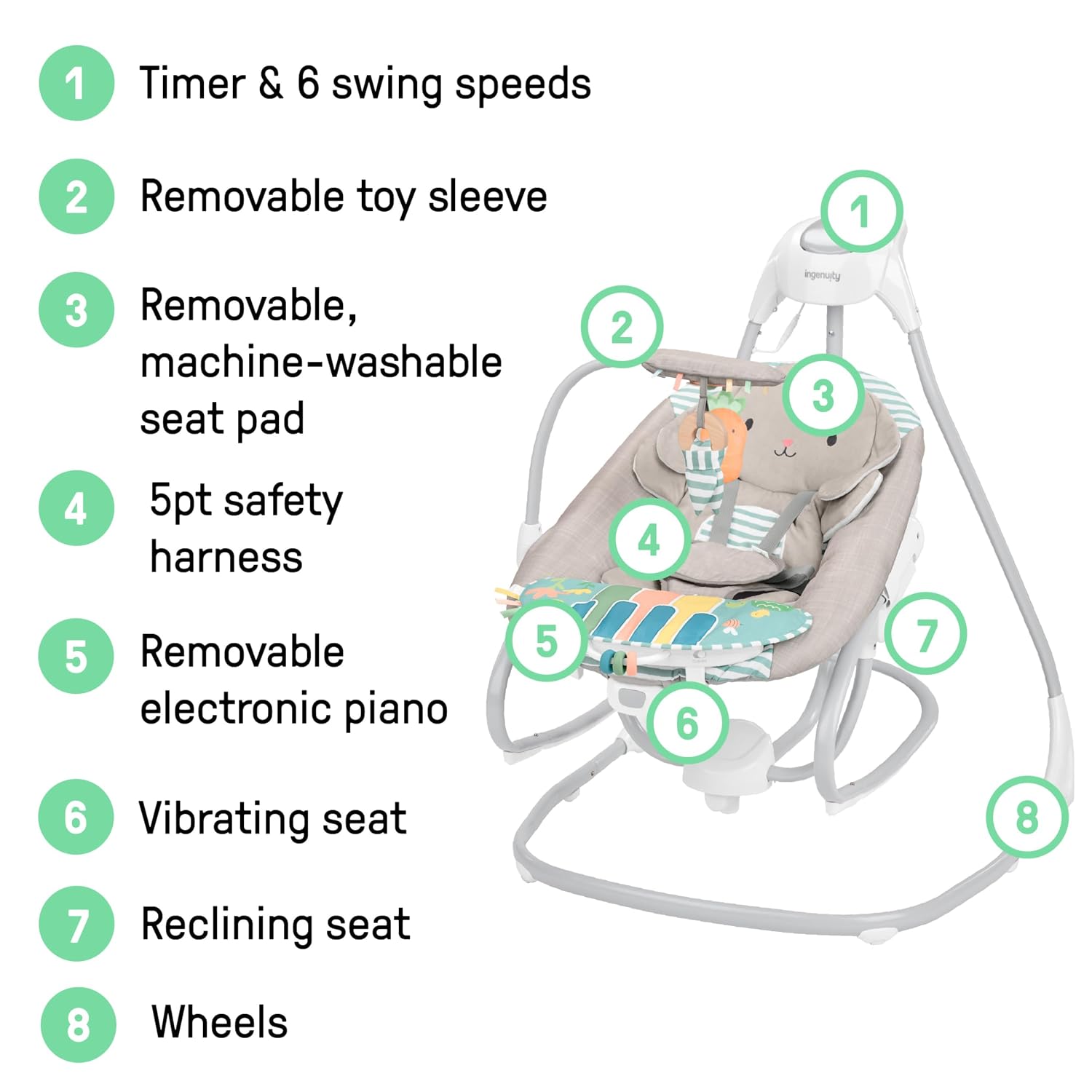 SimpleComfort Piano Playtime 4-in-1 Baby Swing & Rocker, Soothes & Grows with Baby, Rotating Seat Swings in 3