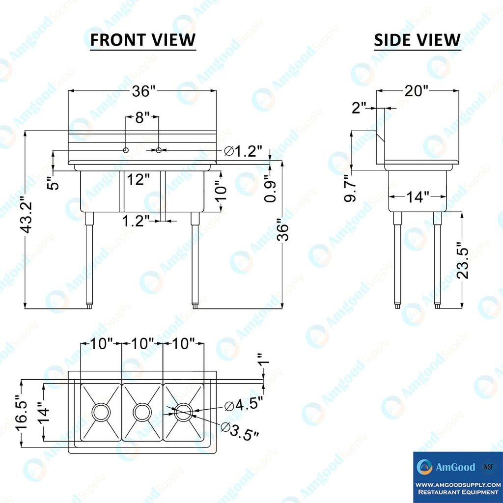 Stainless Steel Sink - 3 Compartment Sink 10"x14"x10" with Legs and Faucet | Utility | Commercial | Laundry | Kitchen