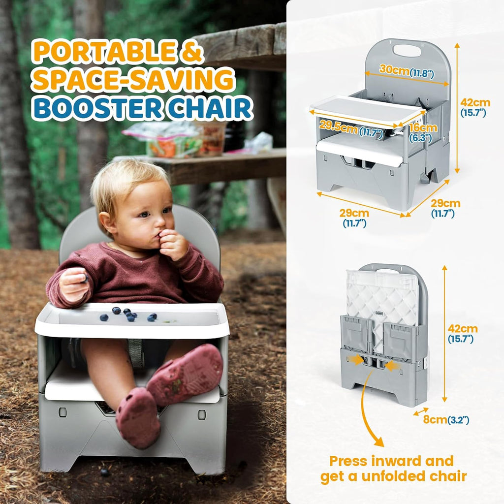 Portable High Chair with Tray, Grey | Foldable Booster Seat, For Travel Toddlers 6-36 Months