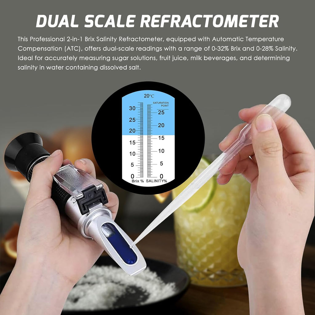 2-in-1 Brix Salinity Refractometer, Professional Brix Refractometer with ATC, and Dual Scale 0-32% Brix & 0-28%