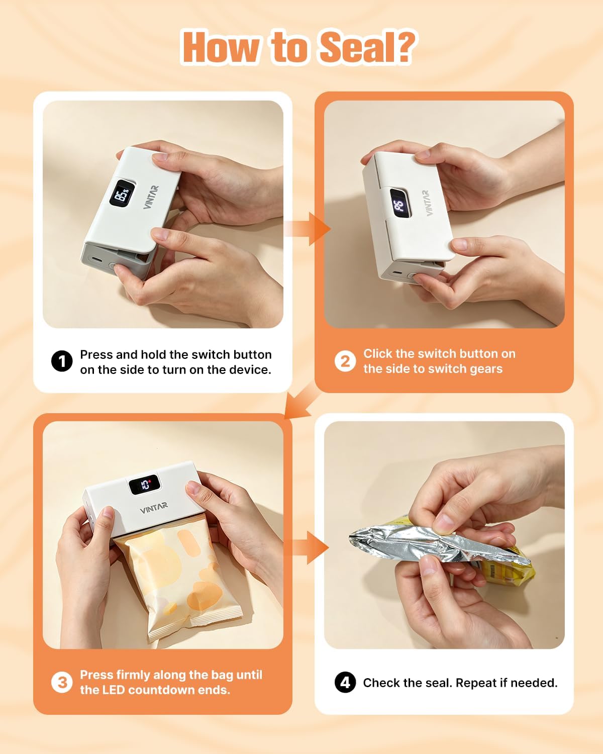 Rechargeable Mini Bag Sealer, 6 Heat Settings for Kitchen Food Storage
