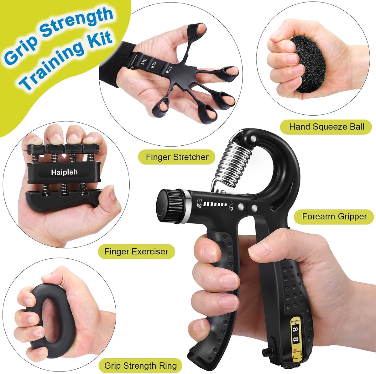 Grip Strength Trainer Kit (5 Pack) with Finger Exerciser, Hand Grip Strengthener, Hand Extension Exerciser, Stress