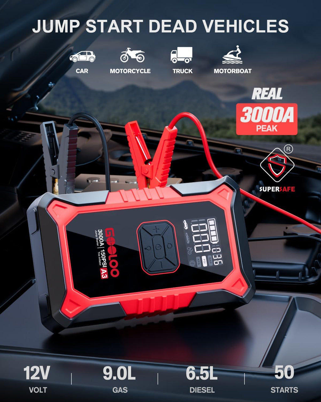A3 Jump Starter with Air Compressor, 3000A Portable Car Battery Booster (9.0 Gas/6.5L Diesel) with 150PSI
