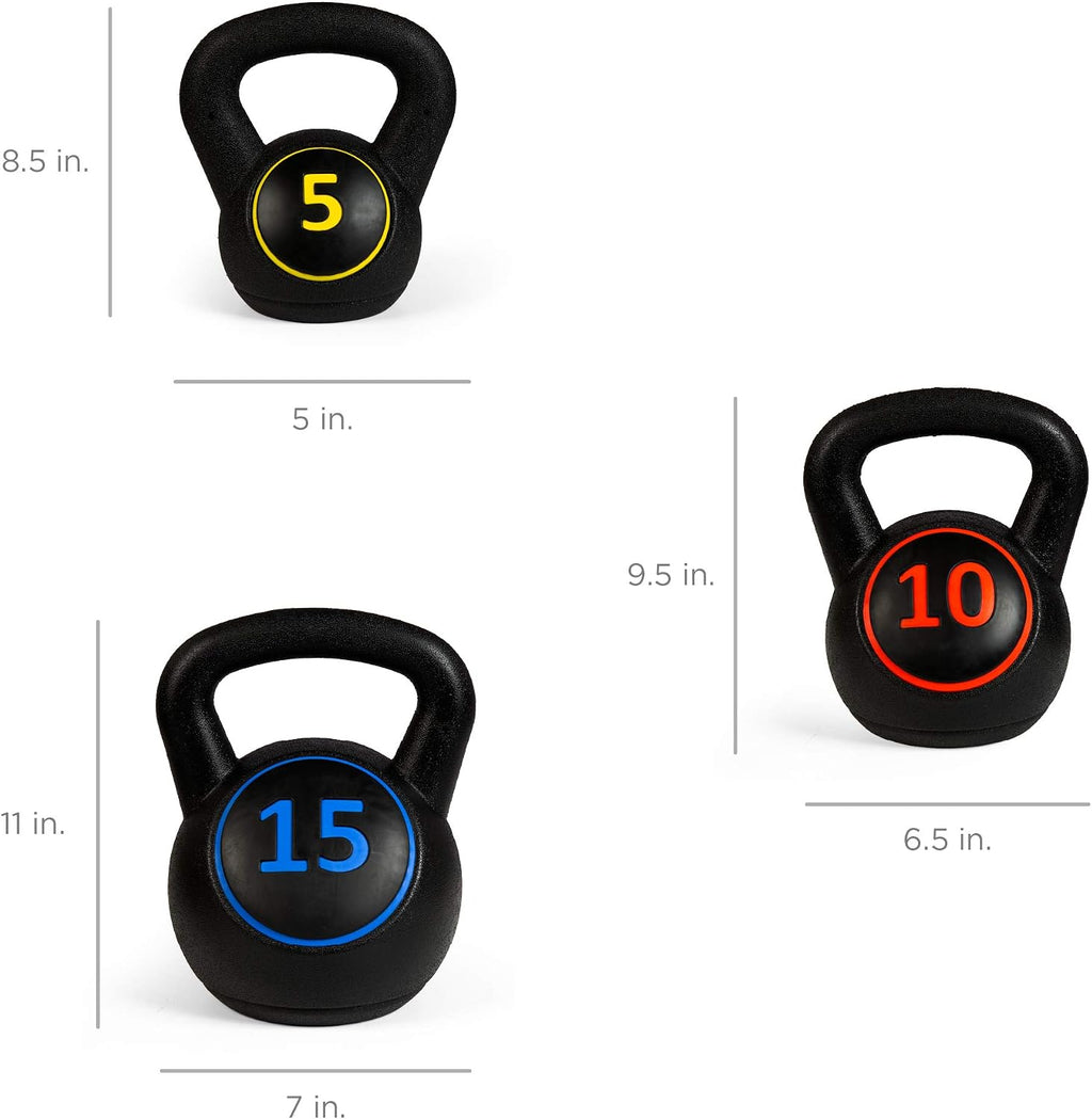 3-Piece Kettlebell Set with Storage Rack, HDPE Coated Exercise Fitness Concrete Weights for Home Gym, Strength