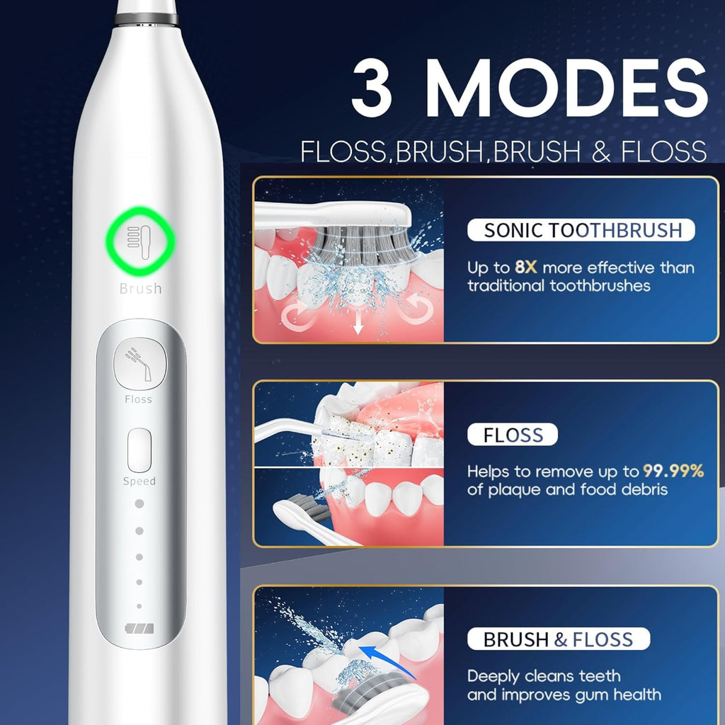Electric Toothbrush with Water Flosser -Cordless 3-in-1 Flossing Toothbrush Sonic 2.0 for Braces & Travel, 30-Day
