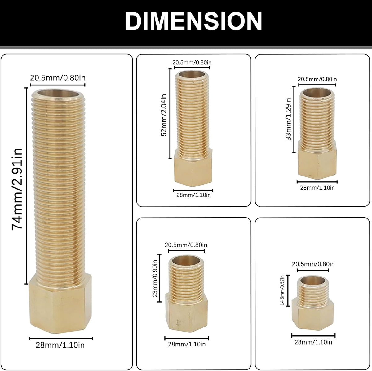 5PCS Extension Brass Pipe Fitting, 1/2" Female to 1/2" Male Adapter