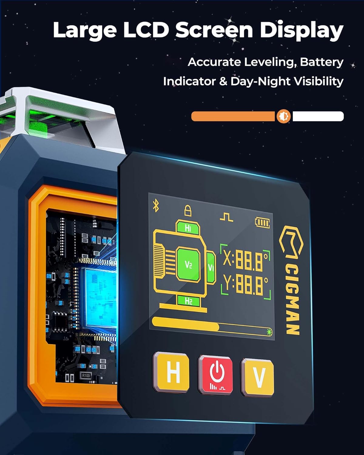 16 Lines Green Laser Level 4×360° Self Leveling, Side LCD, Bluetooth App Remote, Pulse Mode for Receiver, 2×Li-ion