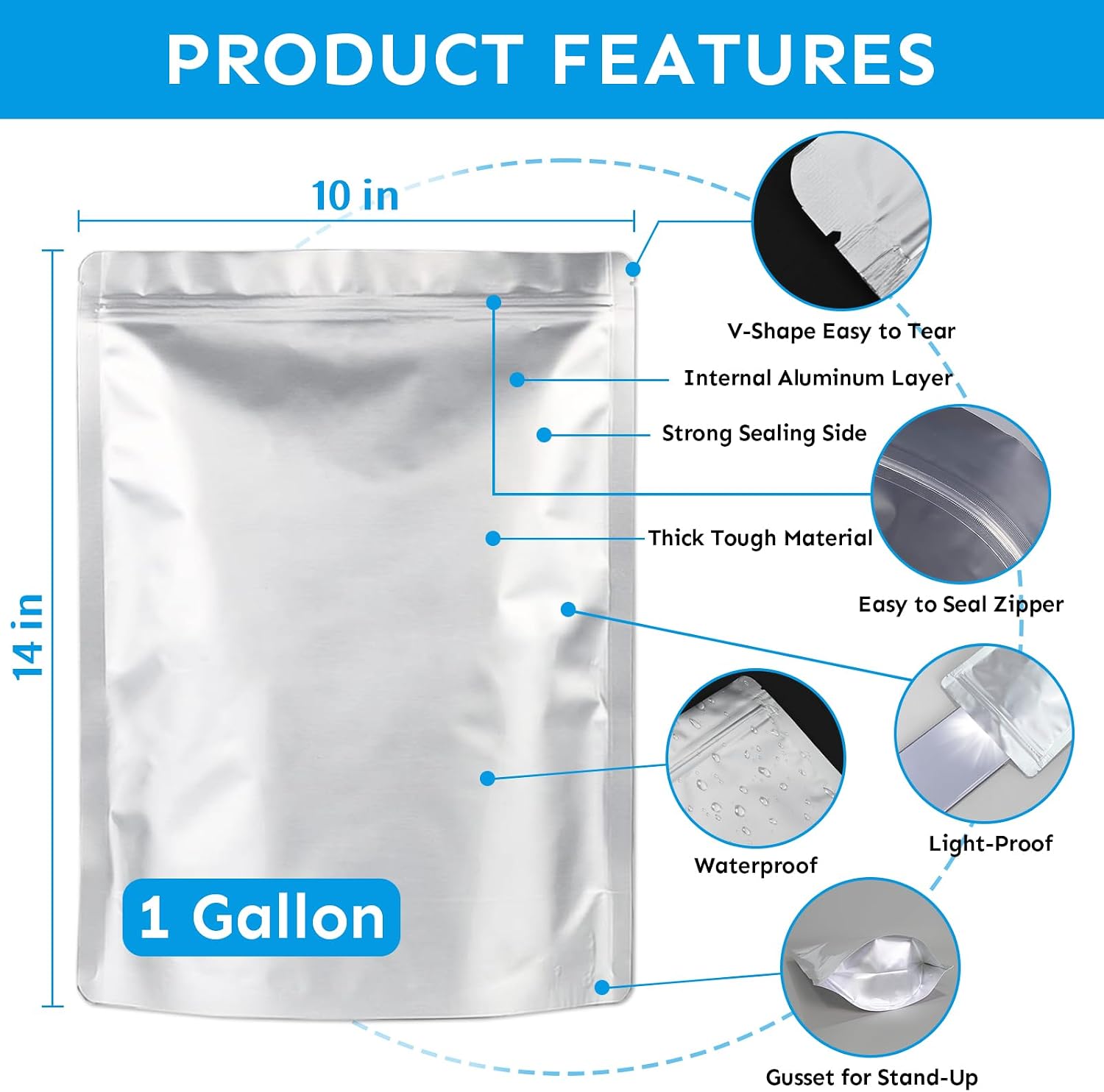 Mylar Bags 1Gallon 100PCS 14"X10" for Food Storage with Oxygen Absorbers&Labels,10Mil Thick Resealable Zipper&Heat