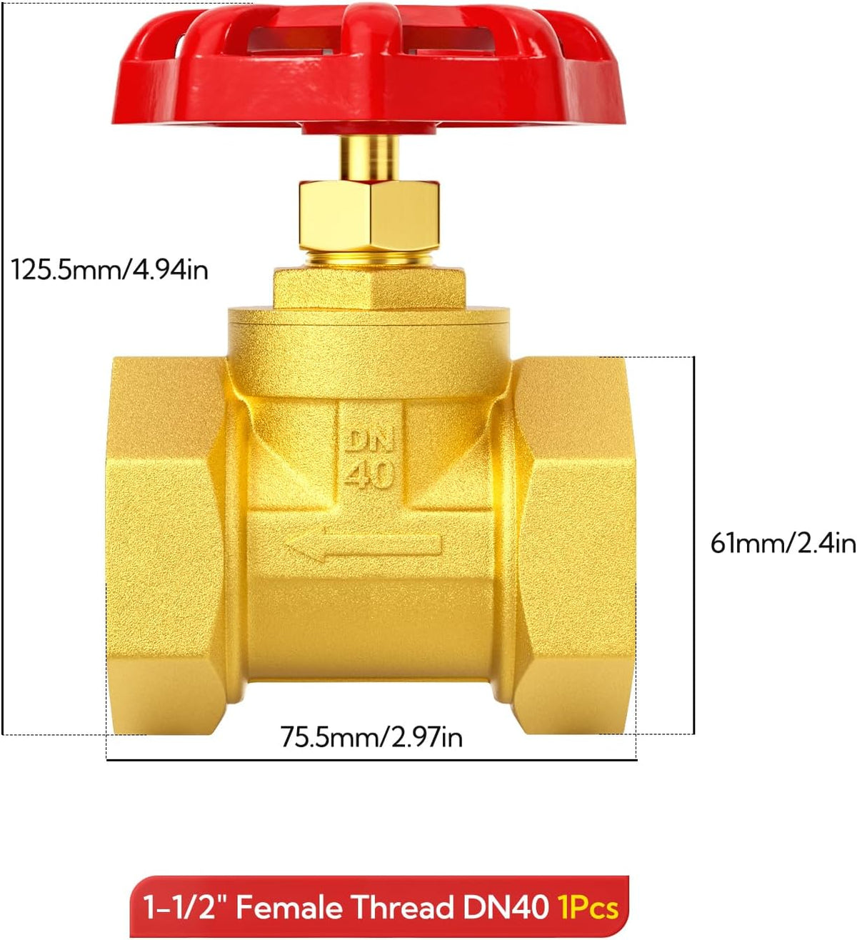 1-1/2" Female Thread Brass Industrial Globe Valves, DN40 Heavy Duty Globe Valves Wheel Red Handle with Teflon Tape for Water Oil Air