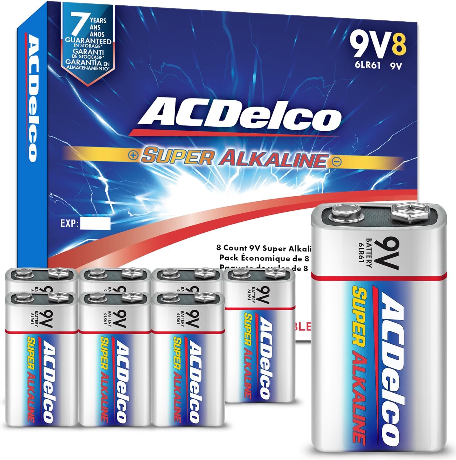 ACDelco 8-Count 9V Batteries, Maximum Power Super Alkaline Battery for Home and Office, 7-Year Shelf Life, Reclosable
