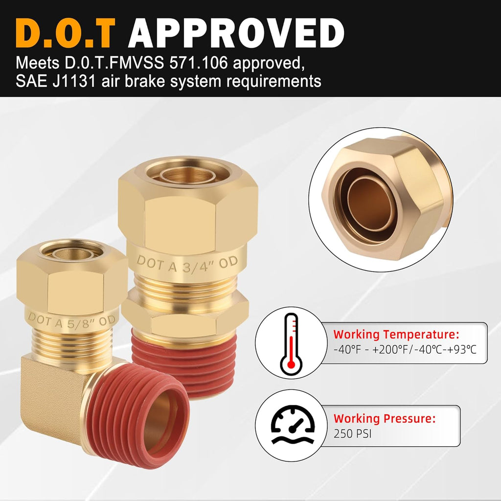 5PCS DOT Brass Compression 3/8" Tube x 3/8" NPT 90 Degree Elbow