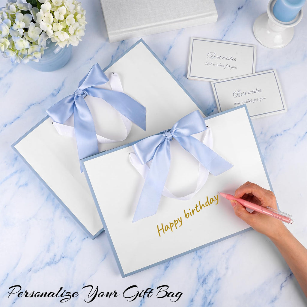 White Gift Bags with Handles, 14" Medium Gift Bag with Blue Edge