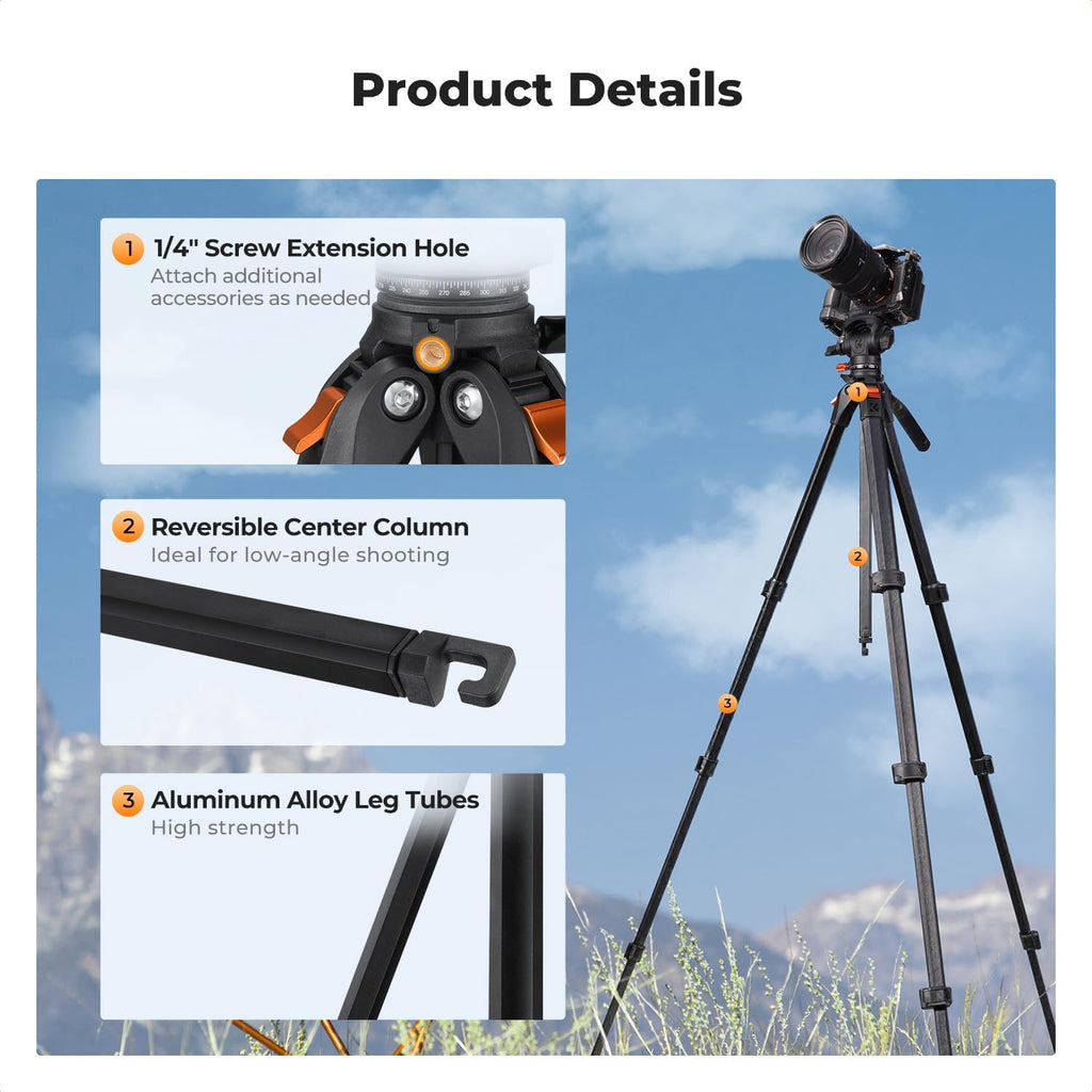 73" Camera Tripod with Fluid Head | Aluminum Travel Tripod, Smooth Pan/Tilt for DSLR/Mirrorless/Camcorder, Max Load