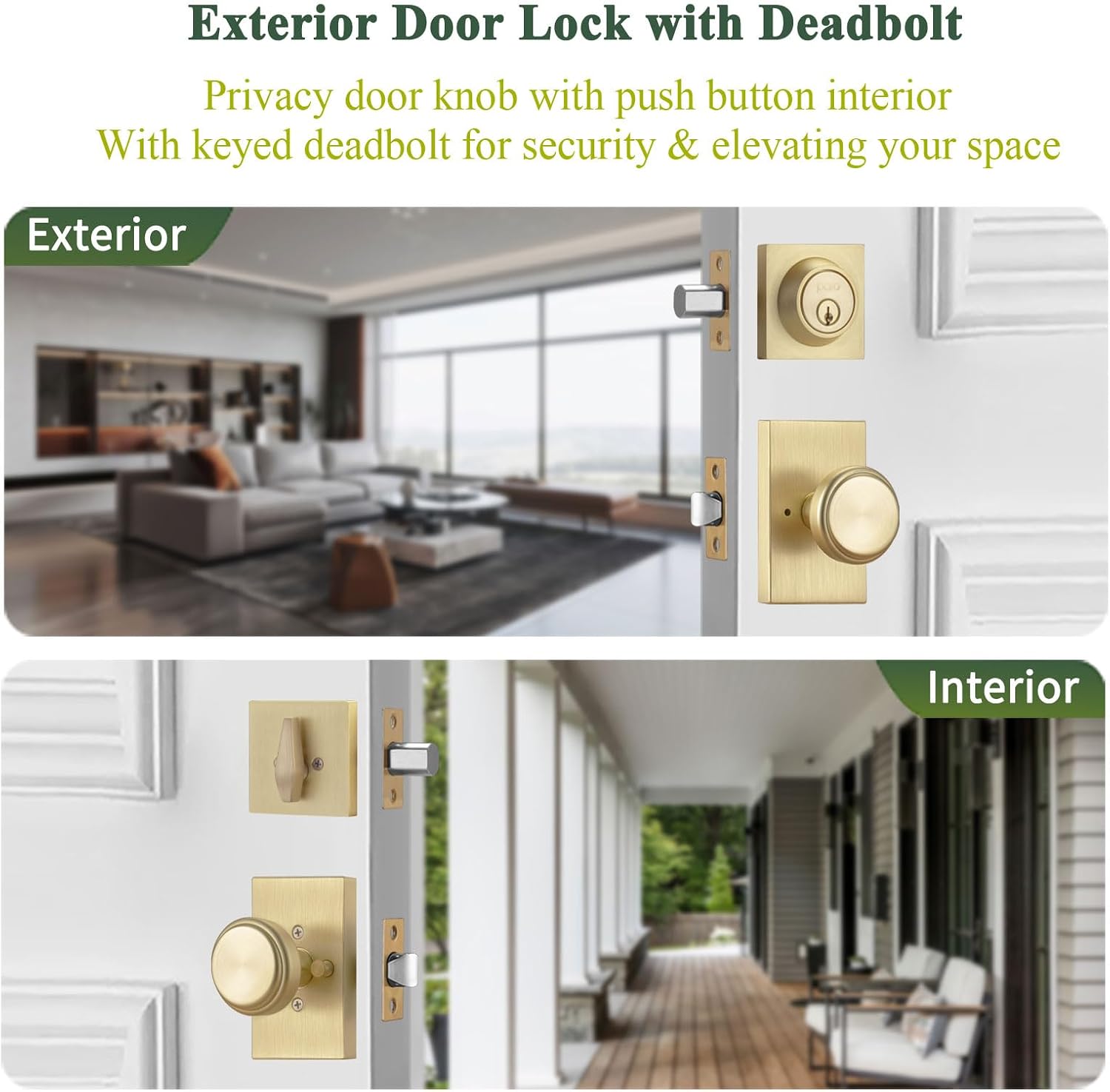 Brushed Gold Door Knobs with Deadbolt for Front Door & Living Room | Zinc Rosette, Easy Install, Outdoor & Indoor Use