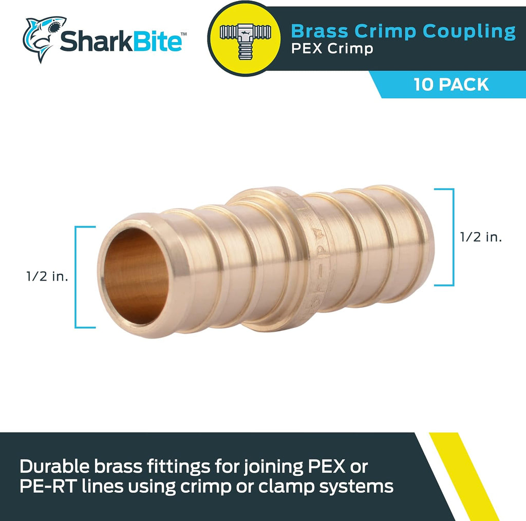 SharkBite 1/2 Inch Crimp Coupling, Pack of 10, Brass Plumbing Fitting, PEX Pipe, PE-RT, UC008LFA10