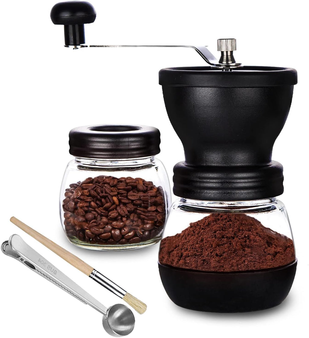 Manual Coffee Grinder, Ceramic Burr, 2 Glass Jars, 11oz per Jar | This hand coffee grinder, a small coffee bean