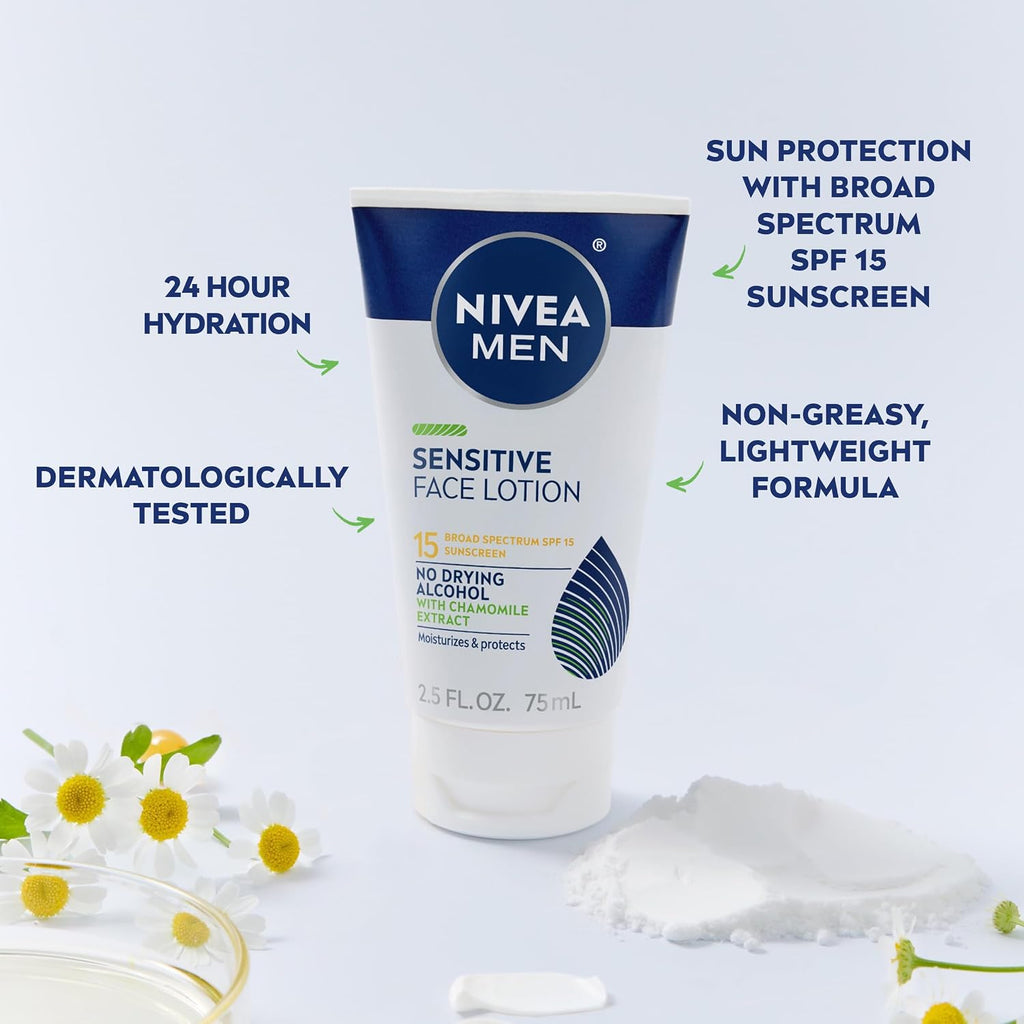 Sensitive Face Lotion, SPF 15 Sunscreen, Multipack, 3 x 2.5 FL OZ | Men's Daily Face Lotion with SPF 15 Broad