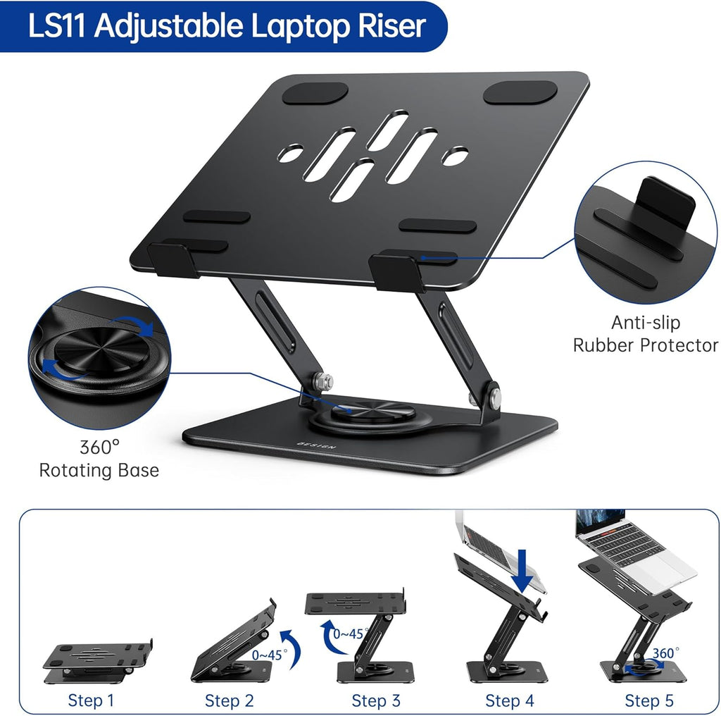 Laptop Stand with 360° Rotating Base, Ergonomic Adjustable Notebook Riser, Foldable Computer Holder Compatible with