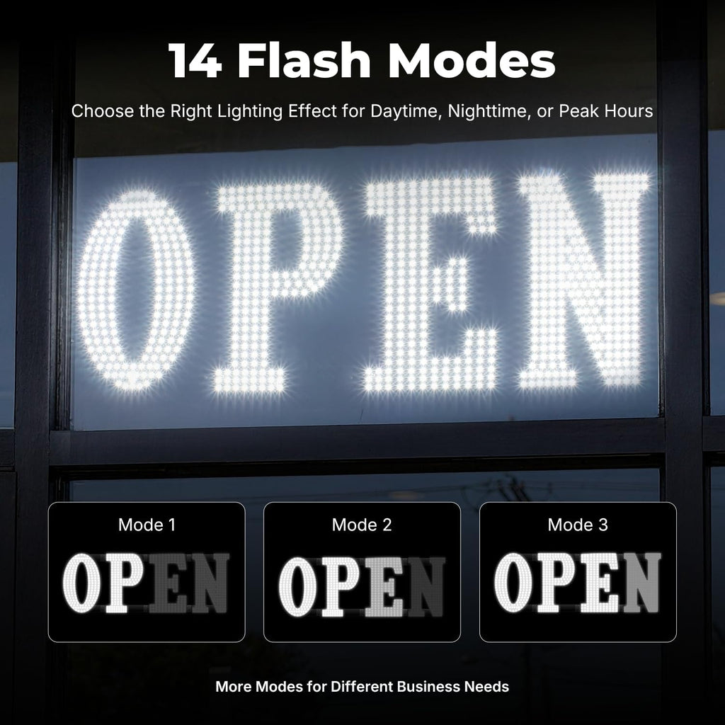 43'' × 14'' LED OPEN Signs for Business, Extra Large OPEN Sign with Remote Control, 14 Flashing Modes, Adjustable
