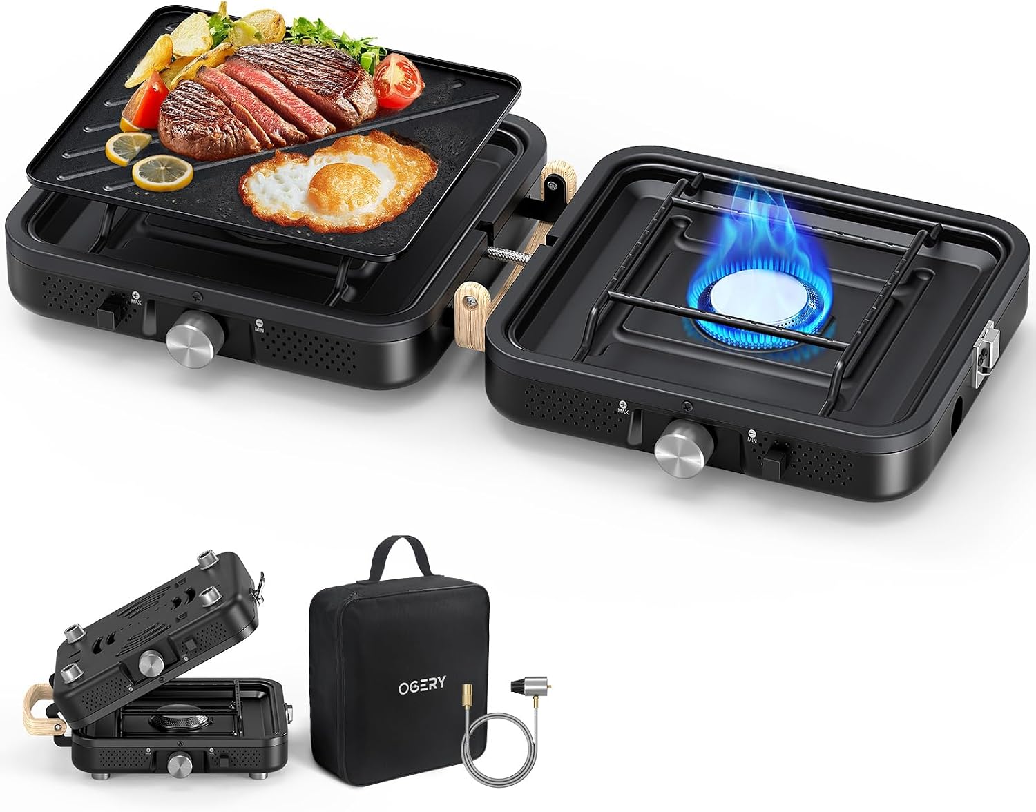 2-Burner Foldable Camping Stove with Griddle (Textured & Smooth) and Carrying Bag, Portable Propane Camp Stove with 2