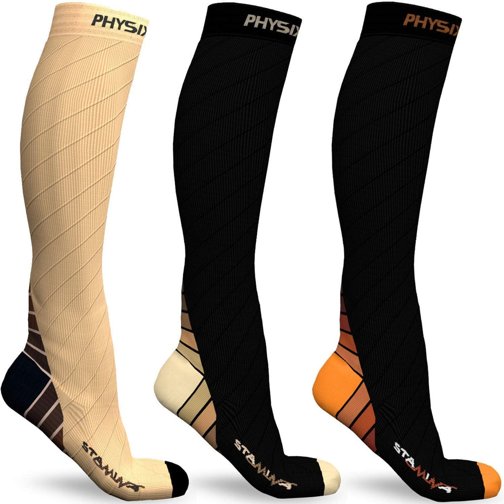 3 Pairs of Compression Socks for Men & Women in (Black/Orange + Black/Beige + Nude Beige) L-XL Size