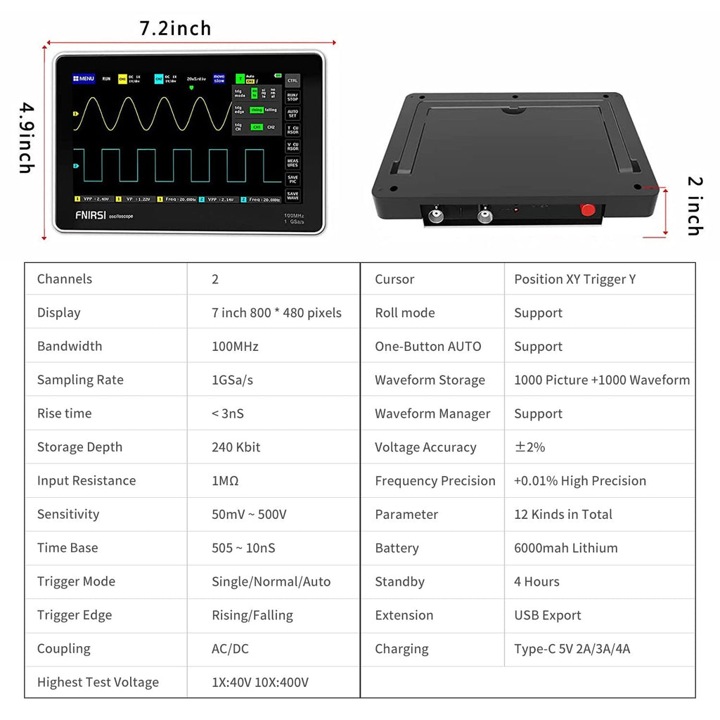 FNIRSI 1013D Plus 100MHz Oscilloscope, 2 Channel Oscilloscope 7" TFT Touch