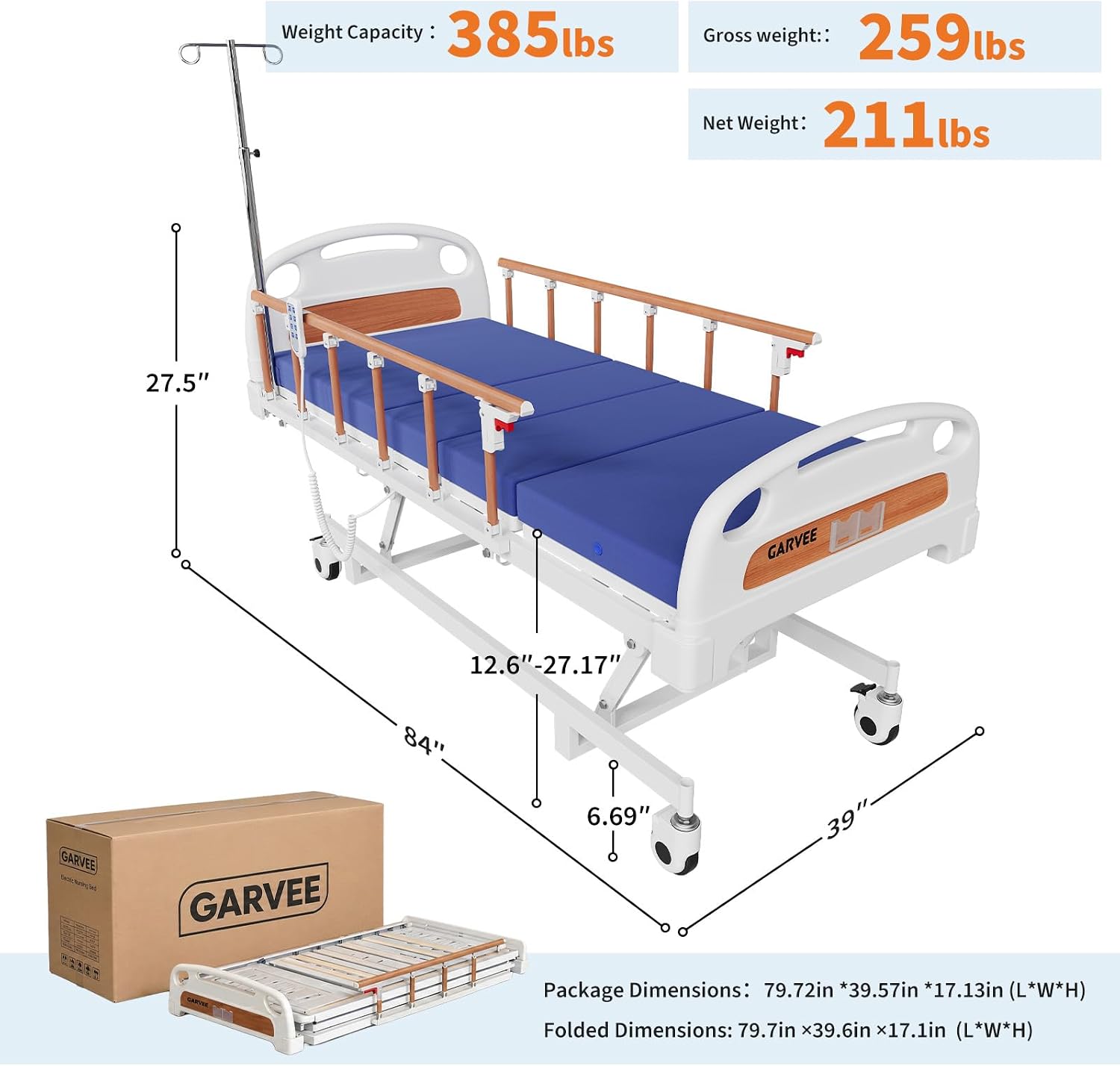 Electric Hospital Bed, 3 Function Medical Bed with Remote Control, Included IV Pole, 4" Foam Mattress & Locking