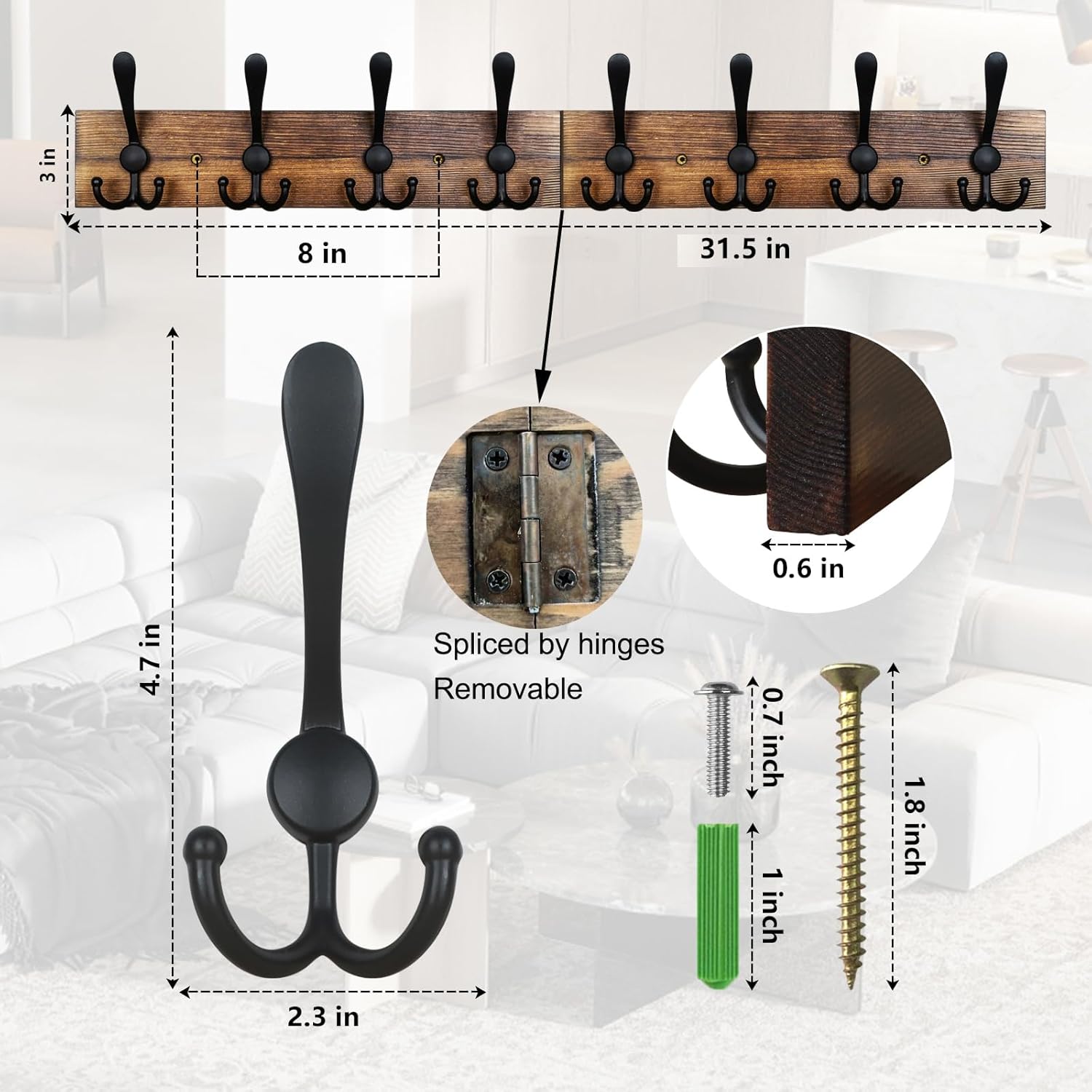 Coat Rack Wall Mount 31.5'' Coat Hanger Wall Mount Burnt Brown Coat Hooks for Wall Rustic Towel Racks for Bathroom