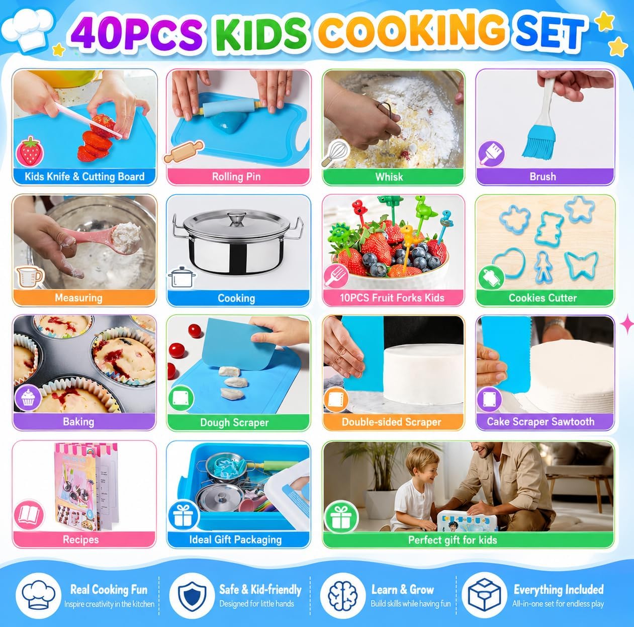 42-Piece Kids Cooking Set - Real Knife, Baking Set, Pots & Pans, Pretend Play Toys - Apron & Chef Hat for Boys